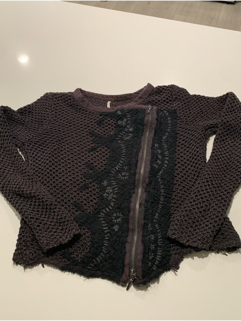 Free People Femme Fatal Moto Open Knit Zip Sweater Cardigan, Charcoal Combo, S - Picture 8 of 10